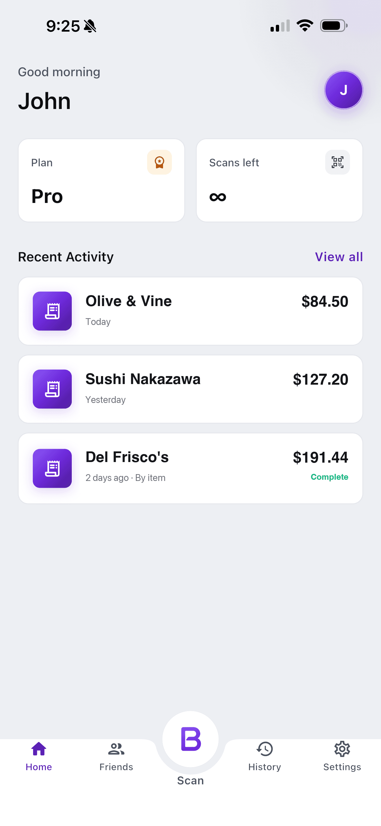 Billchop iOS app — Home screen with recent receipts